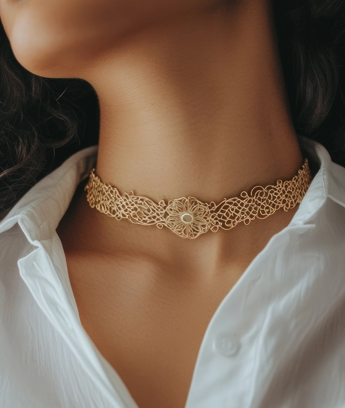 A model wears a delicate golden necklace A model wears a delicate golden necklace with a sapphire pendant